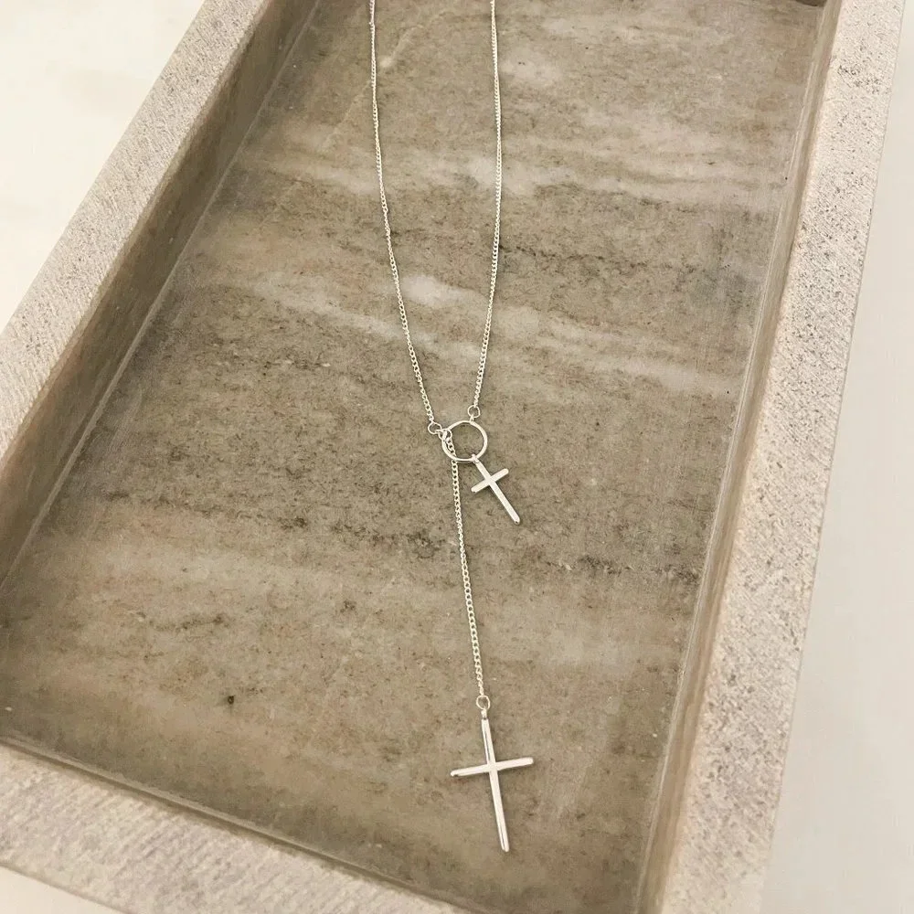 925 Sterling Silver Lariat Cross Necklace Cross Long Drop Necklace